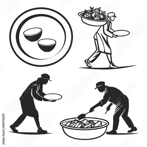 Silhouettes of servers carrying plates