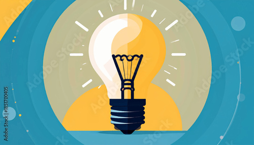 Stylized lightbulb emits bright rays within blue circles, a graphic icon on a flat-lay colored background