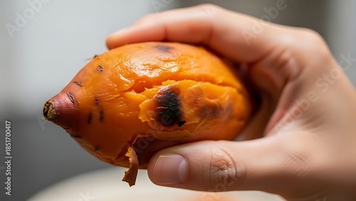 Hand holds a cooked, peeled sweet potato showing the moist, orange flesh