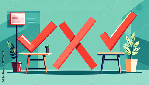 Stylized illustration with red checkmarks, X, plants, and tables against a teal backdrop in a minimalist, flat design