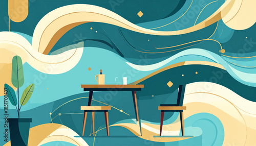 Stylized illustration with table, chairs, plant, blue/gold abstract background, mug, and bottle objects