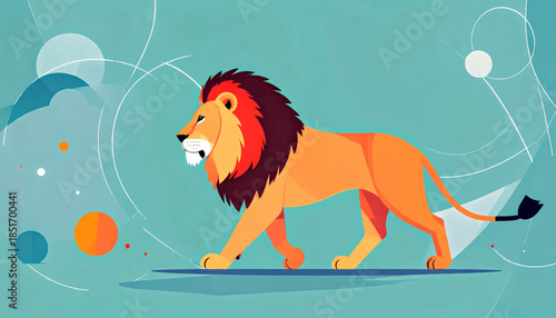 Stylized lion illustration with geometric background on teal surface