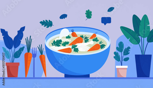Stylized image featuring a vibrant bowl of carrot soup and potted plants on a shelf against a lilac wall