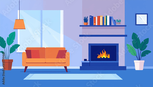 Stylized living room illustration with couch, fireplace, window, books, lamp, artwork, and potted plants