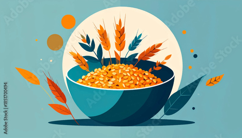 Stylized image of a bowl filled with golden grains and wheat stalks against a light blue background