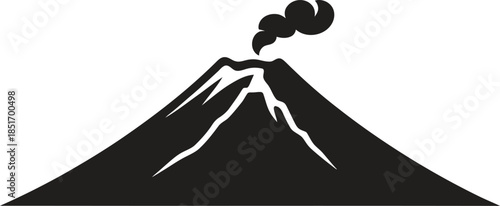 Volcano silhouette vector, erupting mountain icon, lava smoke nature symbol isolated on white background