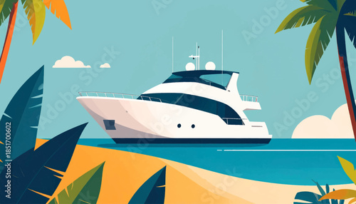Stylized luxury yacht on calm turquoise sea, tropical foliage frames the scene
