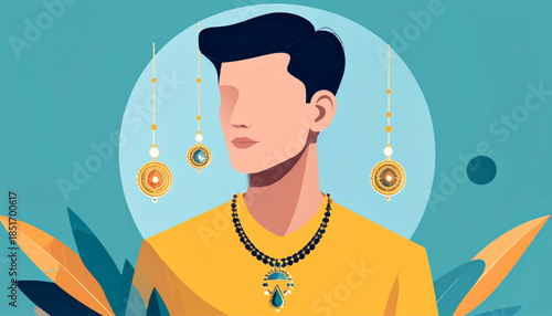 Stylized man, faceless, in yellow shirt, adorned with jewelery, against a teal backdrop, with floral elements