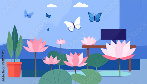Stylized image of lotus flowers, potted plant, butterflies, clouds and minimal background in varying shades of blue