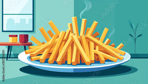 Stylized image of a plate piled high with steaming French fries in a teal and yellow kitchen setting
