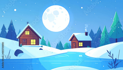 Two cozy cabins sit in a snowy winter landscape under the light of a full moon