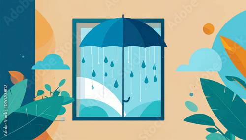 Stylized image of an umbrella in a window during rainfall, flanked by plants against a tan backdrop