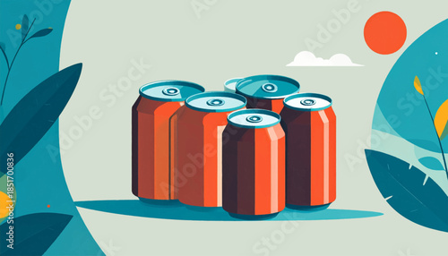 Stylized image of four orange drink cans with nature background featuring plant leaves, sun and cloud shapes