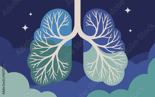 An illustrative representation of human lungs with branching airways set against a starry night sky