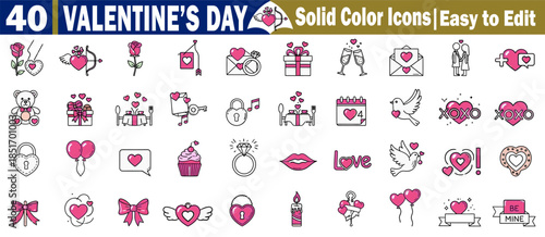 Valentine's Day solid color icons collection: easy-to-edit vector graphics.