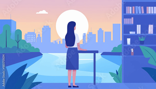 Woman gazes at city skyline by water, from desk, bookshelf, & plants indoors