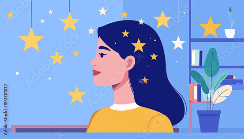 Woman gazes, stars in hair, bookshelf backdrop, tranquil blue hue, evokes calm