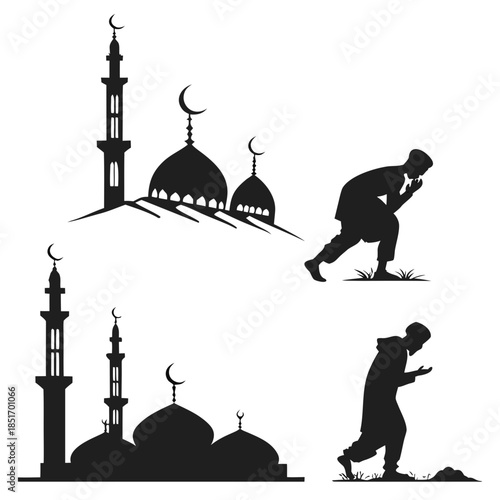 Silhouettes of muslims praying in front of mosques
