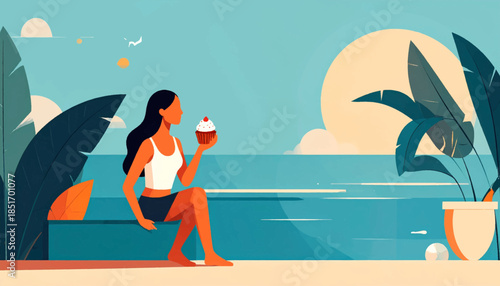 Woman holds cupcake by sea, stylized with plants, sky, and ocean in a flat, graphic illustration