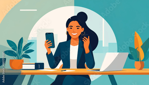 Woman in a blazer with a smartphone sits at desk with a laptop and plants in a stylized flat illustration
