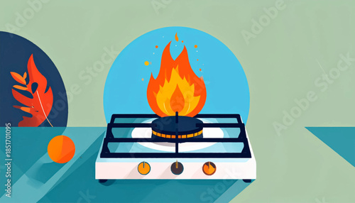 Stylized image gas stove with burning flame, orange sphere and leaf, against a geometric background