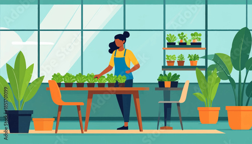 Woman in a greenhouse tends to plants on a table, shelves, and floor amidst abundant flora