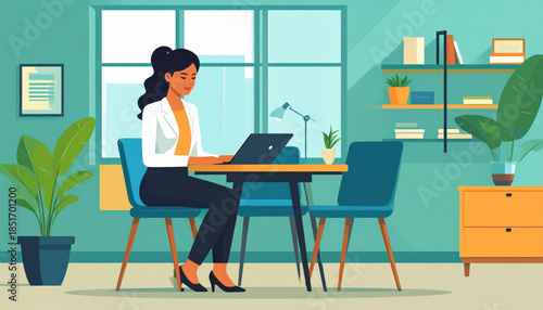 Woman in a white blazer works at laptop in a bright, plant-filled room in a flat vector art style