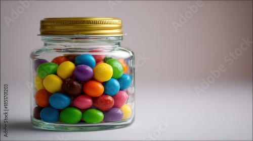 Colorful candy jar filled with assorted chocolate coated treats for sweet displays or editorial use