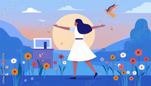 Woman in a white dress stands in a field of flowers with arms outstretched as a bird flies overhead