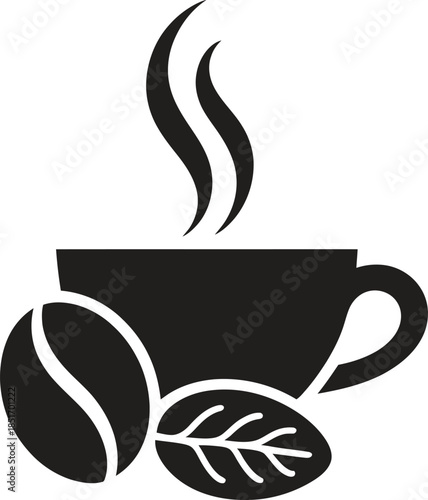 Hot coffee cup silhouette vector, cafe drink icon with beans and leaf isolated on white background