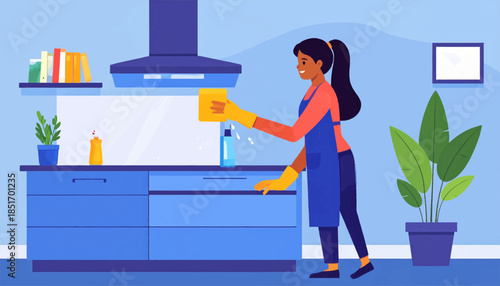 Woman in apron cleans kitchen counter with spray bottle and sponge, smiling, in a simplified illustrated style