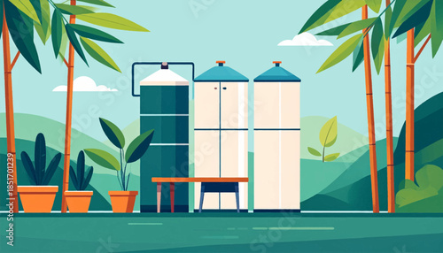 Stylized outdoor industrial landscape with potted plants and storage tanks, bright, clean lines
