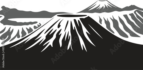 Mountain valley silhouette vector, layered alpine landscape icon, dramatic nature scenery isolated on white background