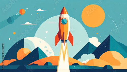 Stylized orange rocket ascends over mountains under a celestial sky with planets and a large bright sun
