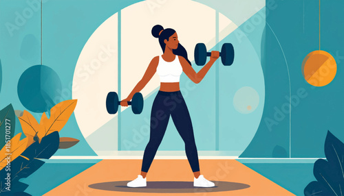 Woman in athletic wear, lifting dumbbells in front of a window, stylized and colorful illustration