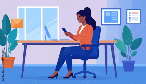 Woman in orange blazer using phone at desk with computer, plants, and wall art, in bright indoor setting