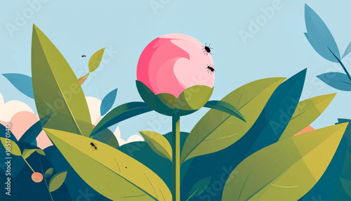 Stylized peony with vivid leaves and tiny insects, set against a pale blue sky