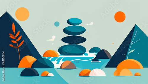 Stylized scene with balanced blue rocks, mountains, water, sky, and orange suns in minimal vector style
