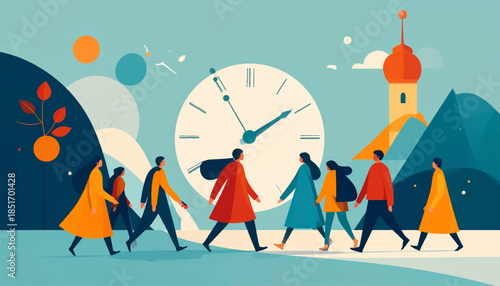 Stylized people walking against a cityscape with a prominent clock and tower