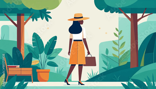 Woman in orange skirt walks in park with trees, plants, bench. Flat, stylized vector illustration with teal and orange