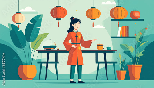 Woman in orange dress with hanging lanterns, tables, shelves, & plants against teal background