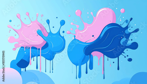 Stylized pink and blue paint splashes create an abstract, colorful design against a light blue background