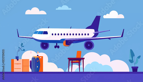 Stylized plane flies overhead, casting shadow on furniture, with clouds in blue sky