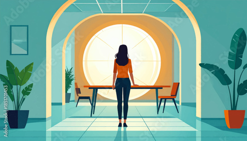Woman in orange stands in a teal room with plants, arches and a large window illuminating a table