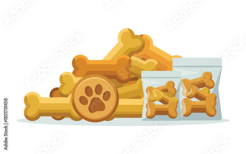 Assorted dog treats piled beside a container with more treats inside
