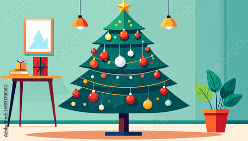 Stylized scene with decorated Christmas tree, gifts on a table, and a potted plant in a modern, clean setting