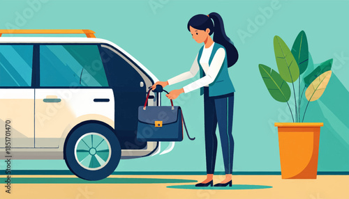 Woman in professional attire loads briefcase into a white SUV, potted plant nearby on a light blue background