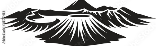 Mountain valley silhouette vector, dramatic alpine landscape icon, rocky terrain isolated on white background