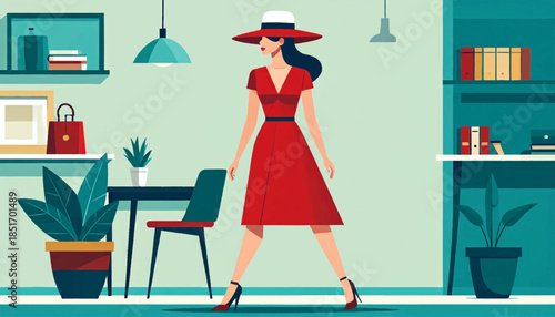 Woman in red dress & hat strides in a room with a table, shelf, books, & plants in shades of teal, red & white