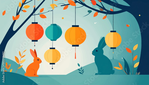 Stylized scene with rabbits and lanterns in muted colors, evoking a calm and festive atmosphere